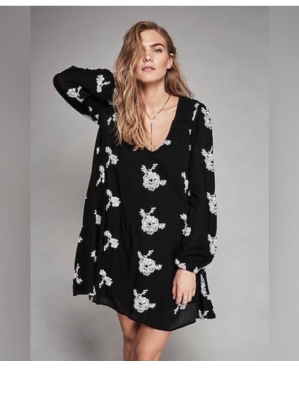 Free People Emma Dress - Black Tunic with White Floral Embroidery